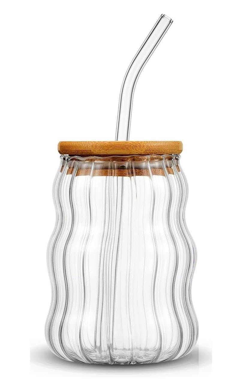 SPHATIK Wavy Glass Tumbler With Wooden Lid & Glass Straw Clear 500ml 1-Pack