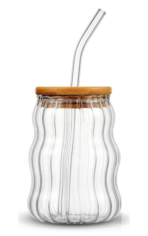 SPHATIK Wavy Glass Tumbler With Wooden Lid & Glass Straw Clear 500ml 1-Pack