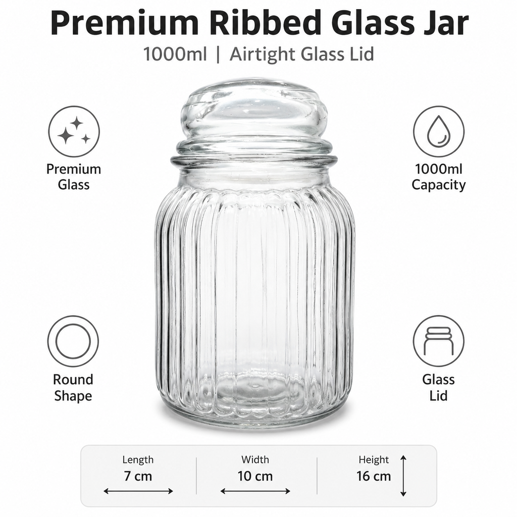SPHATIK Ribbed Glass Kitchen Storage Jar Clear 1000ml 1-Pack