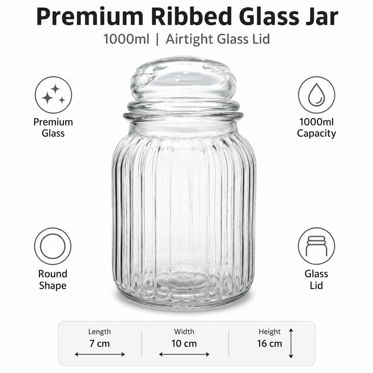 SPHATIK Ribbed Glass Kitchen Storage Jar Clear 1000ml 1-Pack