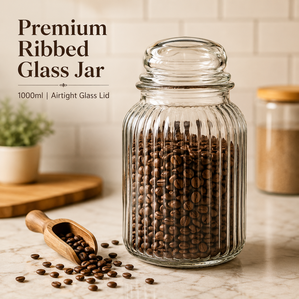 SPHATIK Ribbed Glass Kitchen Storage Jar Clear 1000ml 1-Pack