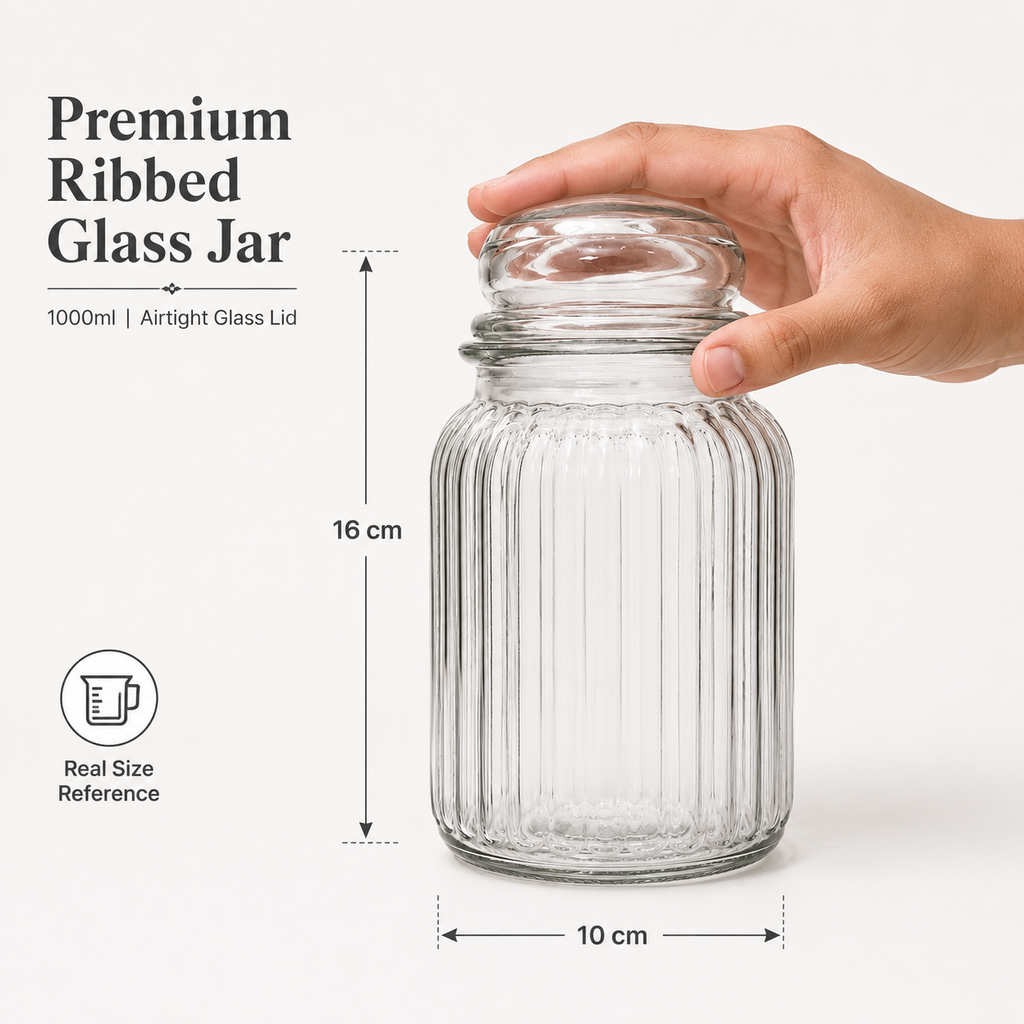 SPHATIK Ribbed Glass Kitchen Storage Jar Clear 1000ml 1-Pack