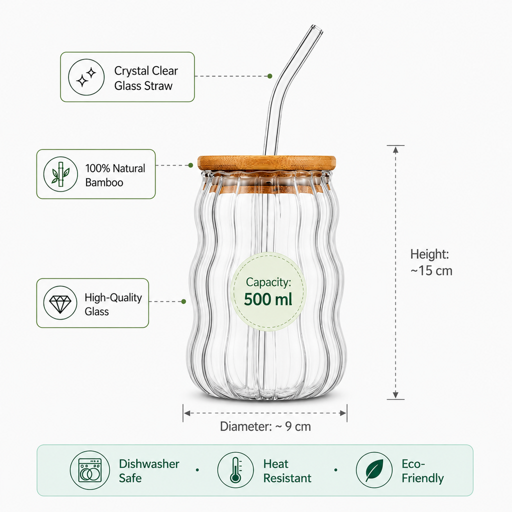 SPHATIK Wavy Glass Tumbler With Wooden Lid & Glass Straw Clear 500ml 1-Pack