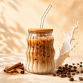 SPHATIK Wavy Glass Tumbler With Wooden Lid & Glass Straw Clear 500ml 1-Pack
