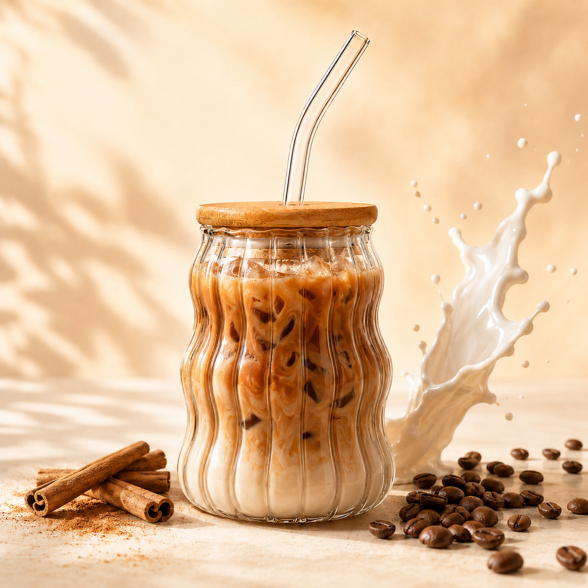 SPHATIK Wavy Glass Tumbler With Wooden Lid & Glass Straw Clear 500ml 1-Pack