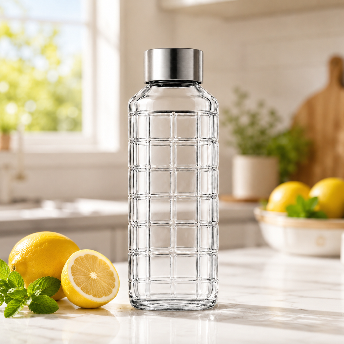 SPHATIK Grid Glass Water Bottle Steel Lid Clear 1000ml 1-Pack