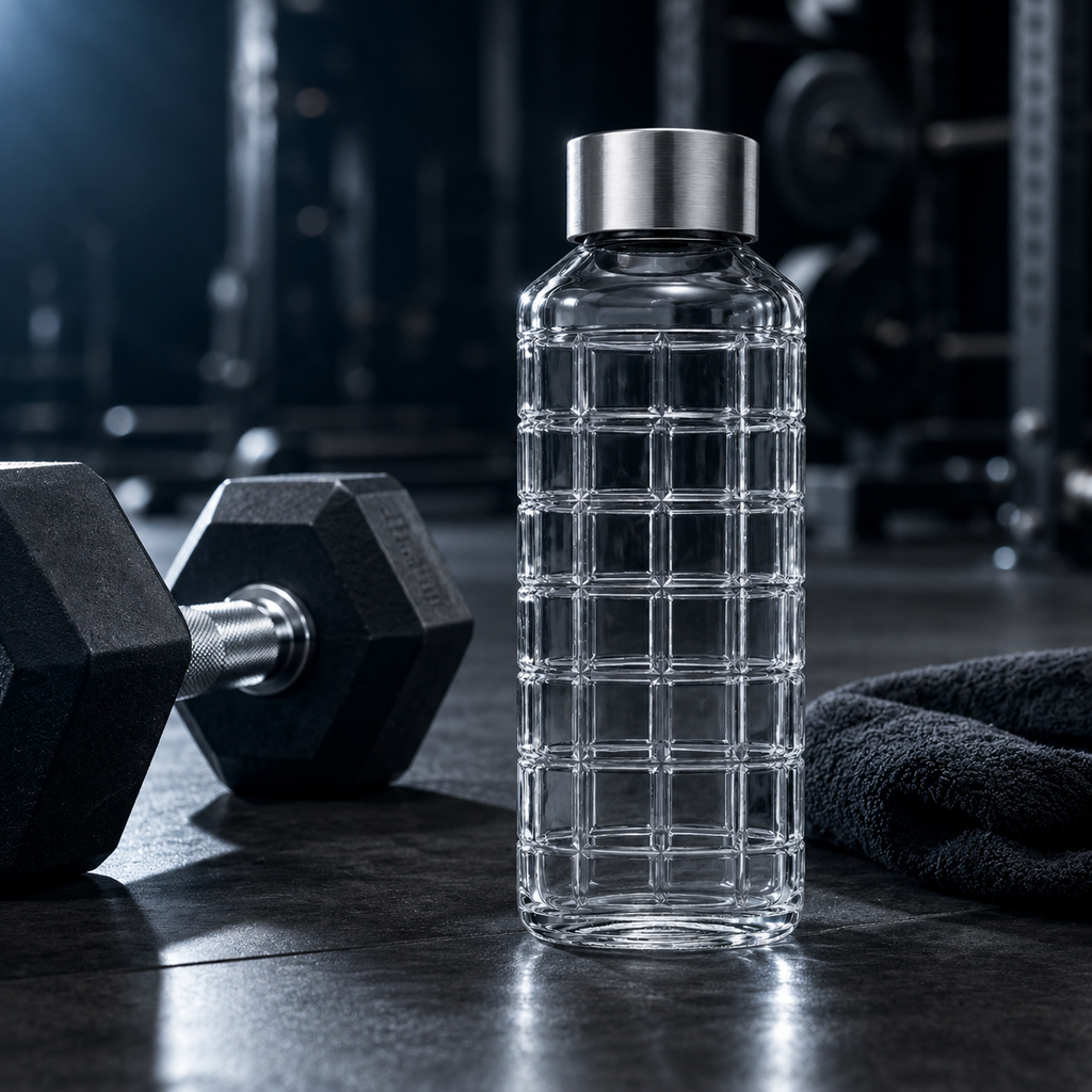 SPHATIK Grid Glass Water Bottle Steel Lid Clear 1000ml 1-Pack