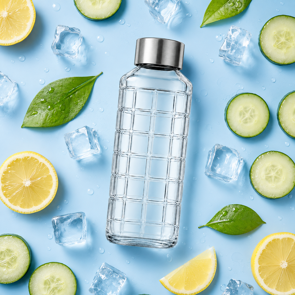 SPHATIK Grid Glass Water Bottle Steel Lid Clear 1000ml 1-Pack