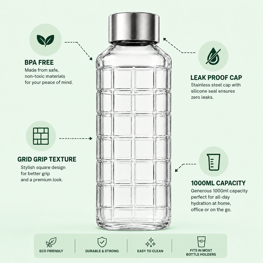 SPHATIK Grid Glass Water Bottle Steel Lid Clear 1000ml 1-Pack