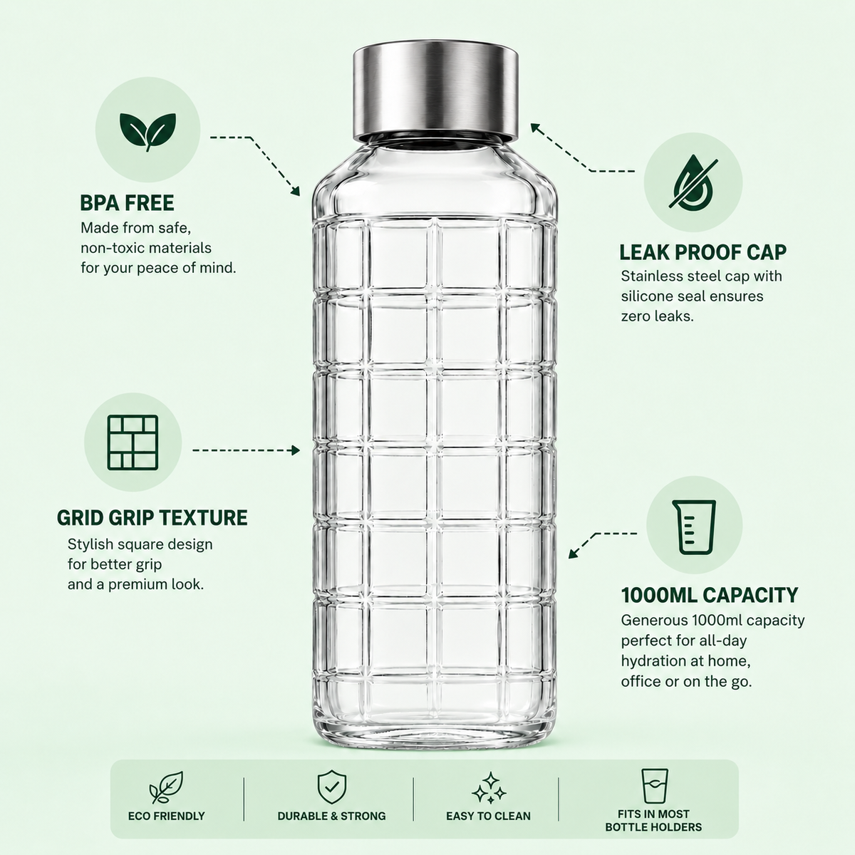 SPHATIK Grid Glass Water Bottle Steel Lid Clear 1000ml 1-Pack