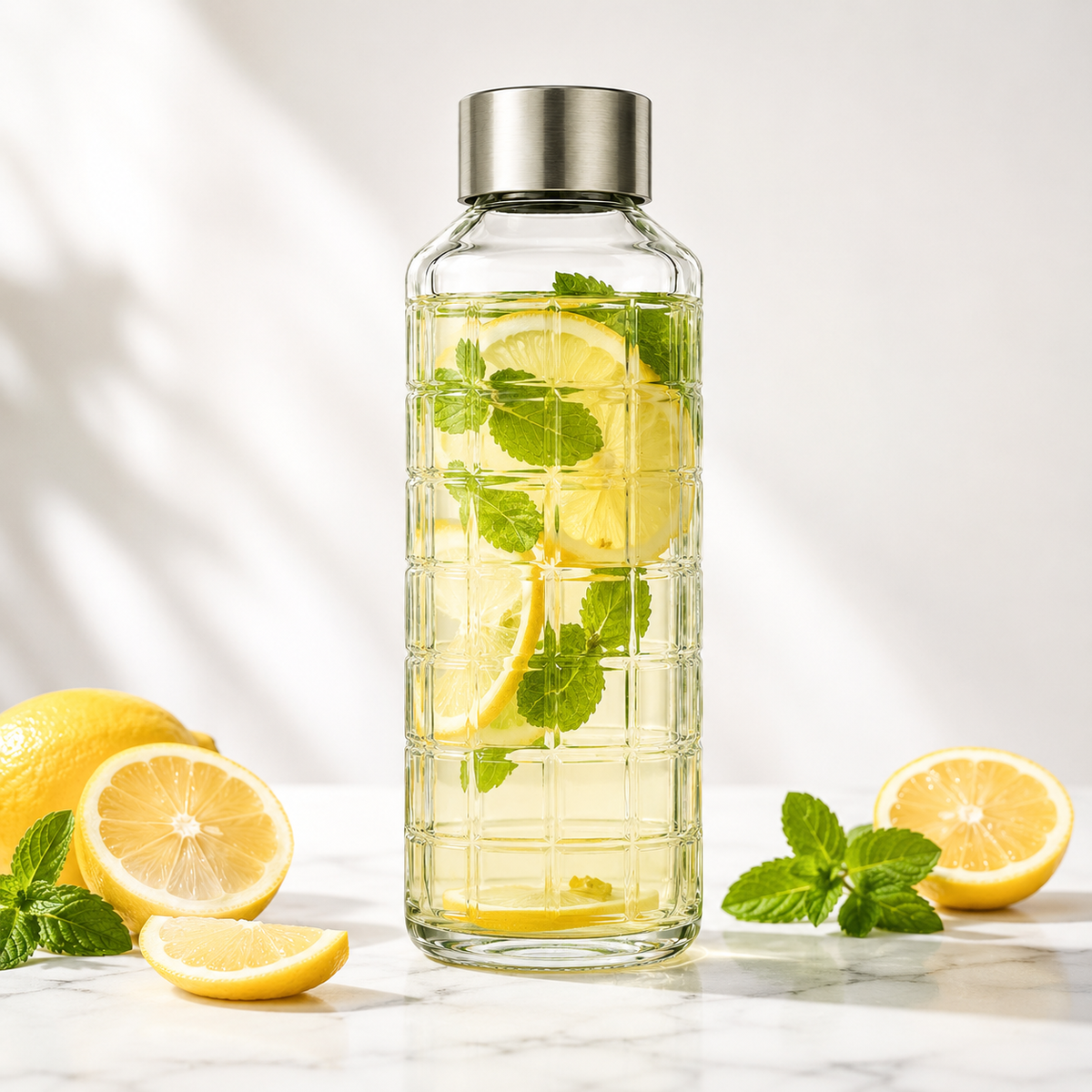 SPHATIK Grid Glass Water Bottle Steel Lid Clear 1000ml 1-Pack
