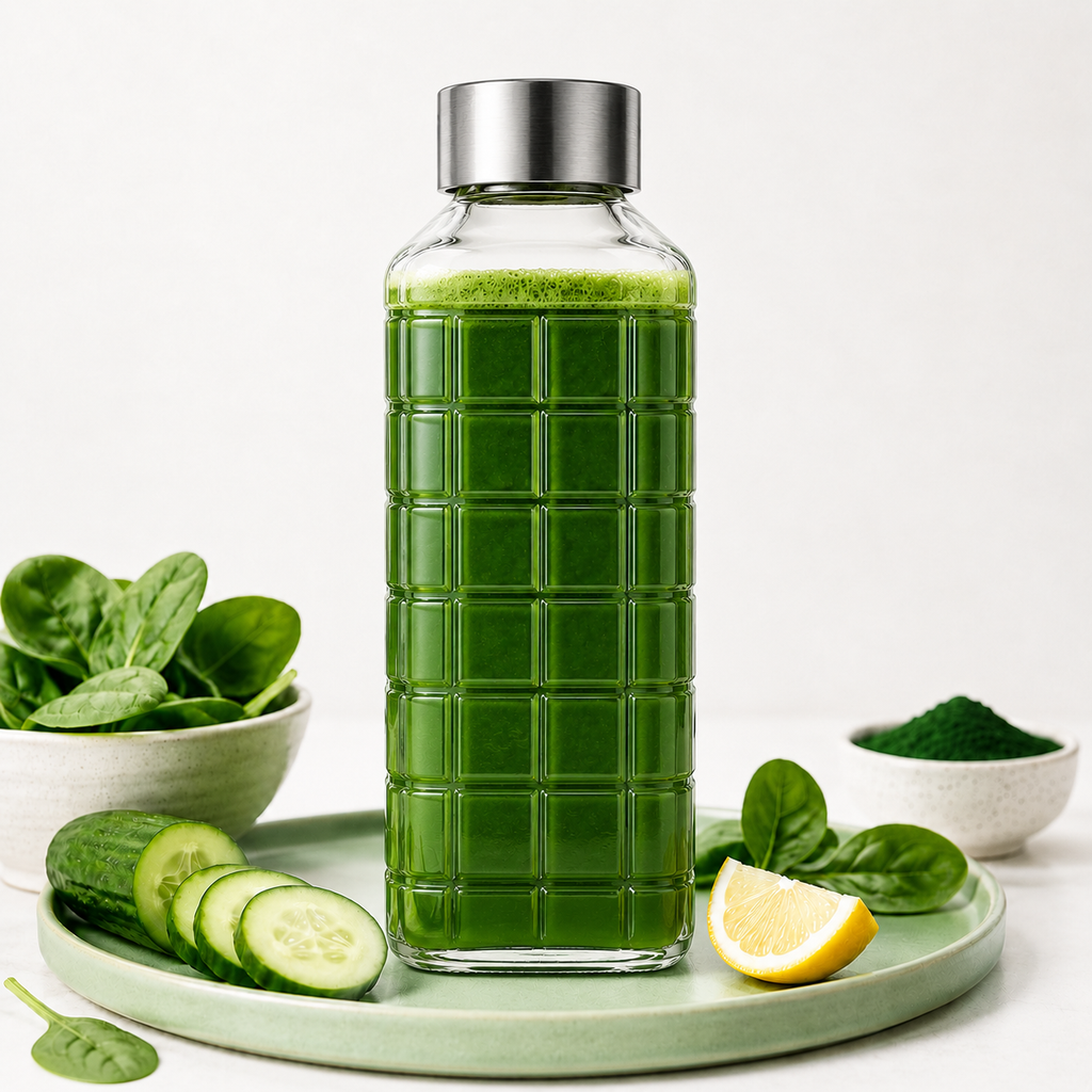 SPHATIK Grid Glass Water Bottle Steel Lid Clear 1000ml 1-Pack